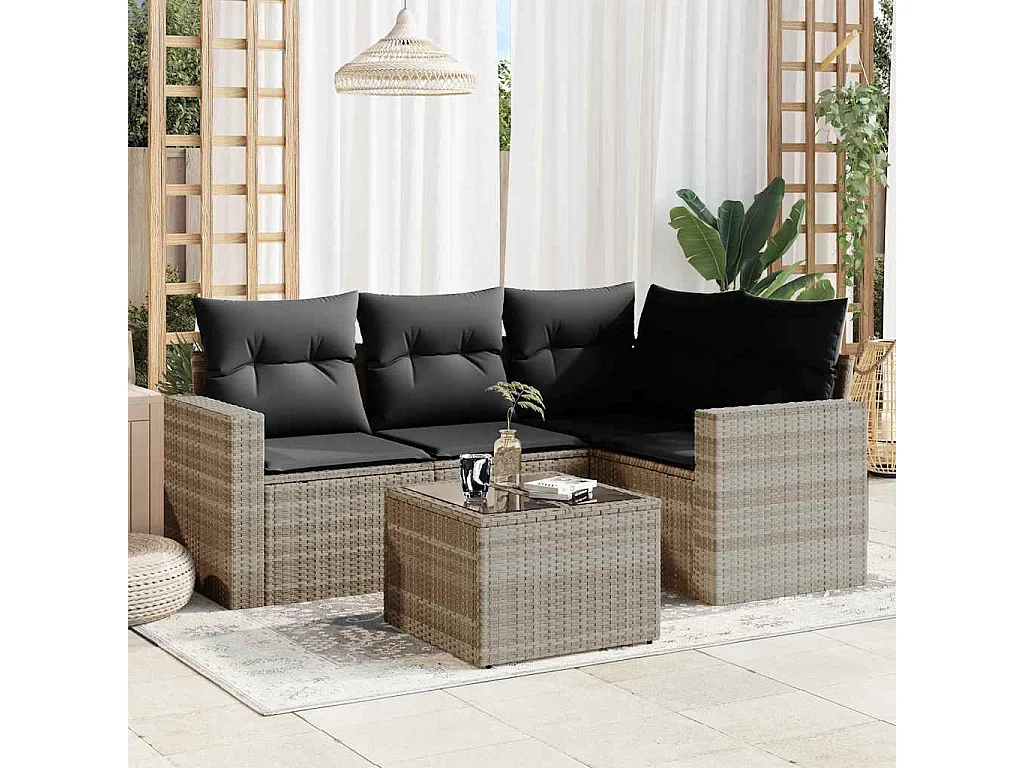 5-delige Loungeset met kussens poly rattan lichtgrijs