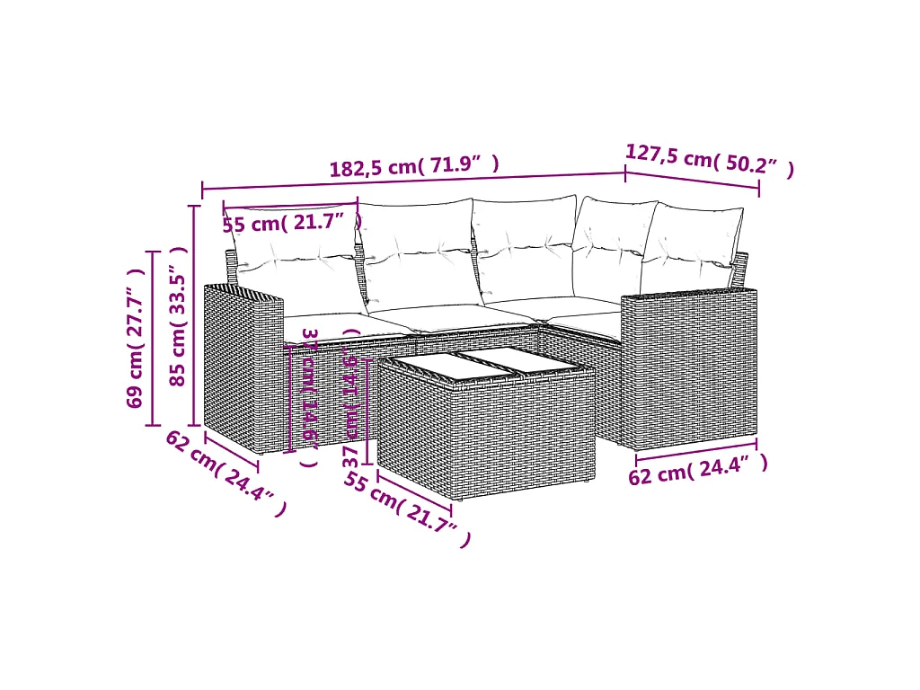 5-delige Loungeset met kussens poly rattan lichtgrijs