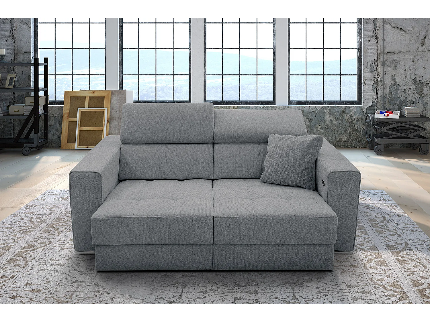 Canapé 3 places avec siège extensible et appuis-tête réglables, tissu gris - QUARTZ