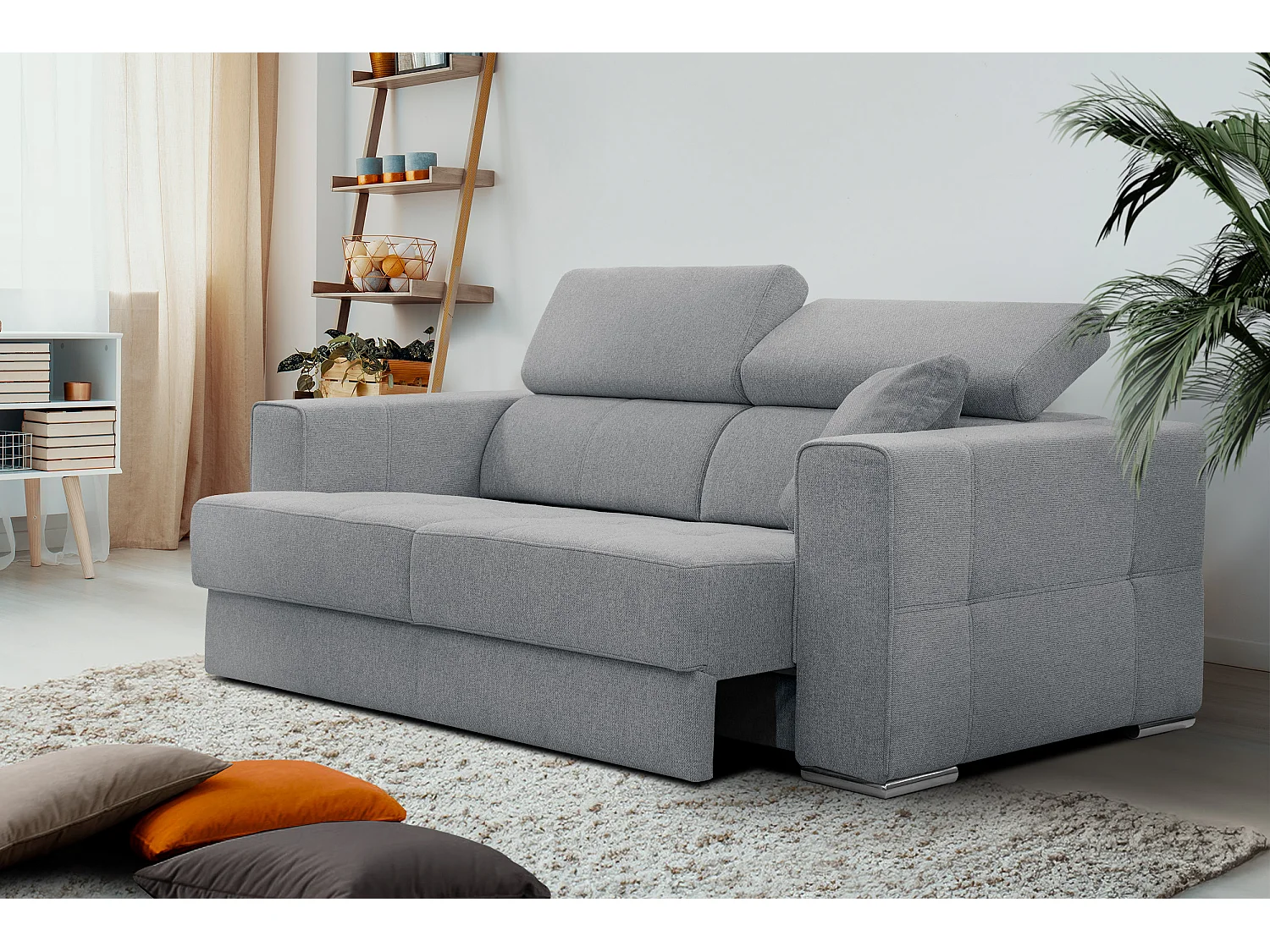 QUARTZ Sofa 3-Sitzer mit Ausziehsitz und verstellbare Kopfstützen, grau
