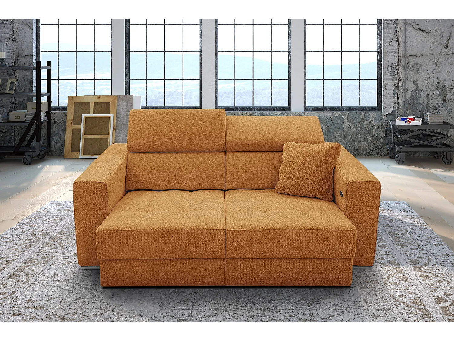 Canapé 3 places avec siège extensible et appuis-tête réglables, tissu orange - QUARTZ