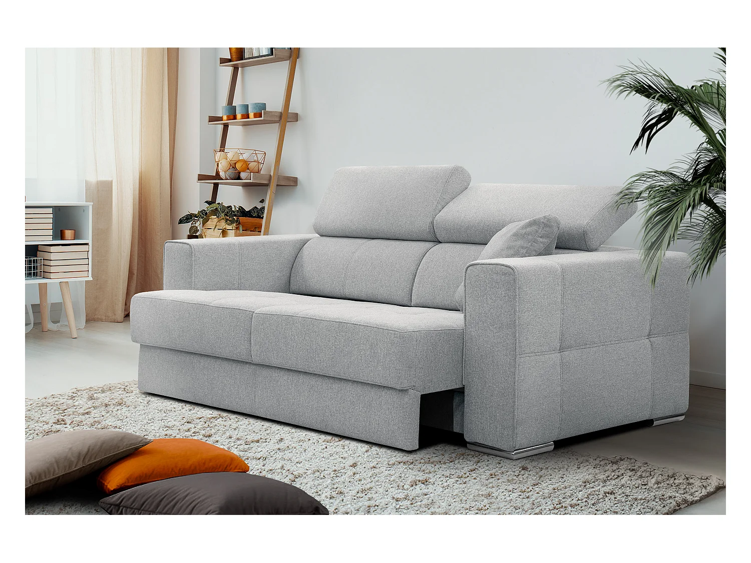 Canapé 3 places avec siège extensible et appuis-tête réglables, tissu gris argenté - QUARTZ