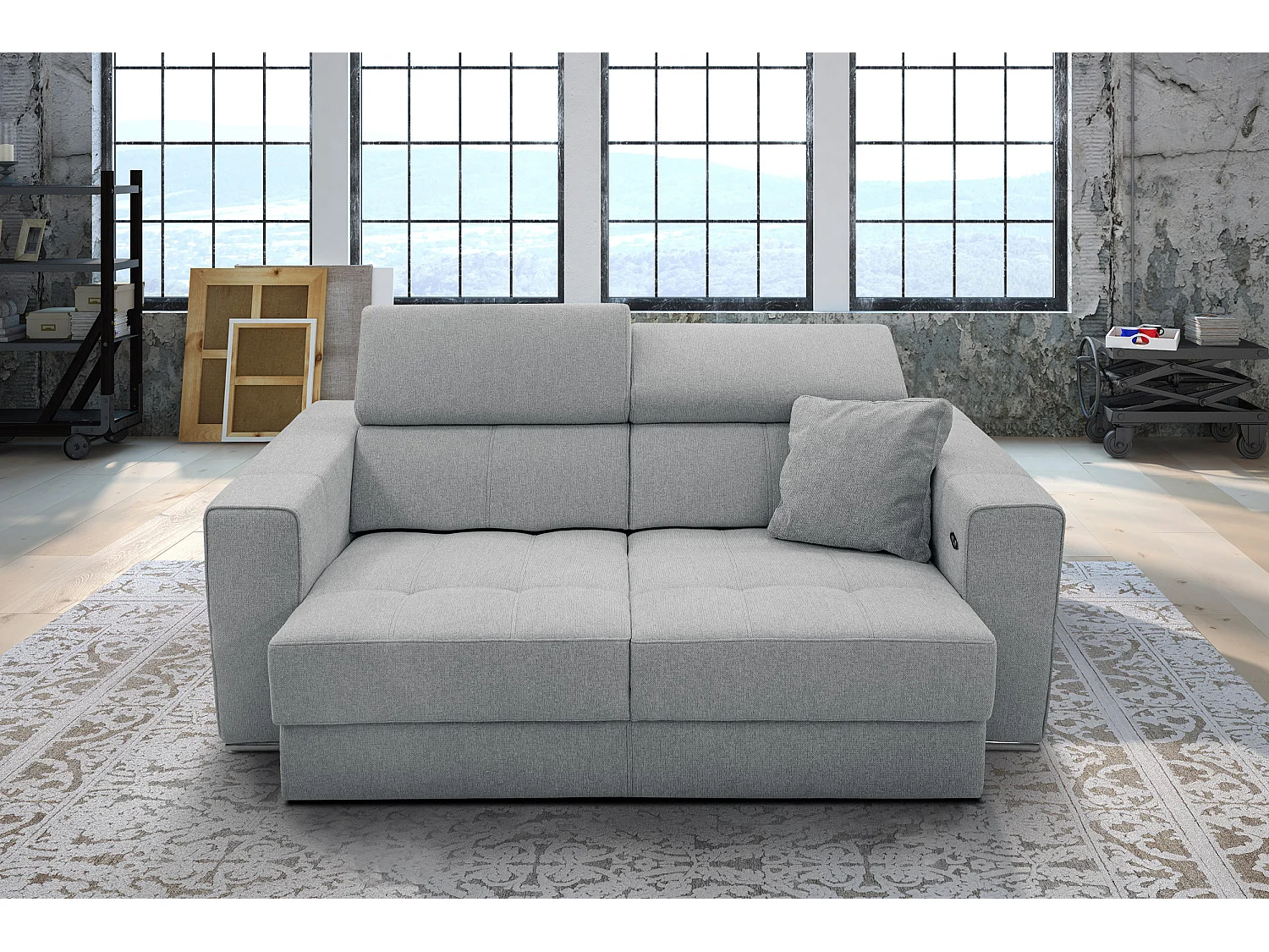 Canapé 3 places avec siège extensible et appuis-tête réglables, tissu gris argenté - QUARTZ