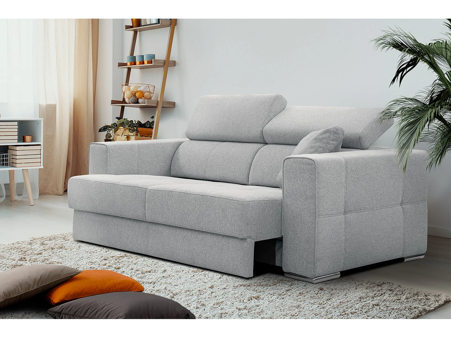 Canapé 3 places avec siège extensible et appuis-tête réglables, tissu gris argenté - QUARTZ