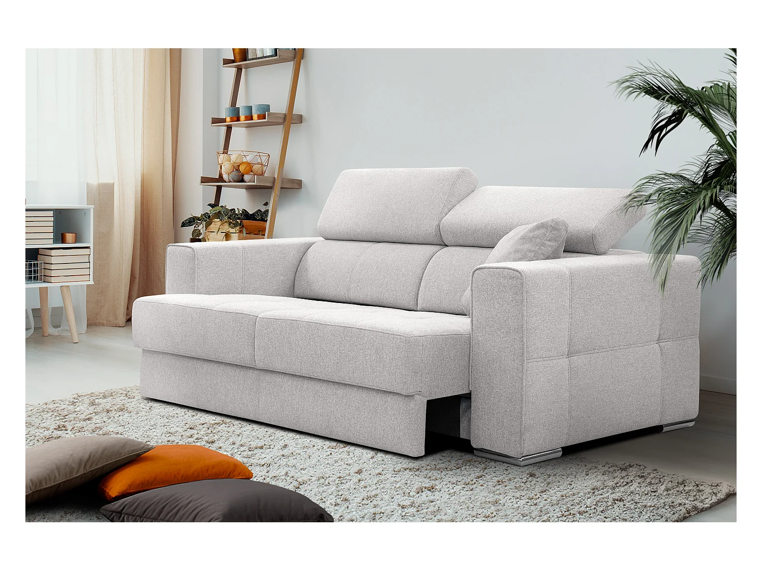 Canapé 3 places avec siège extensible et appuis-tête réglables, tissu crème - QUARTZ