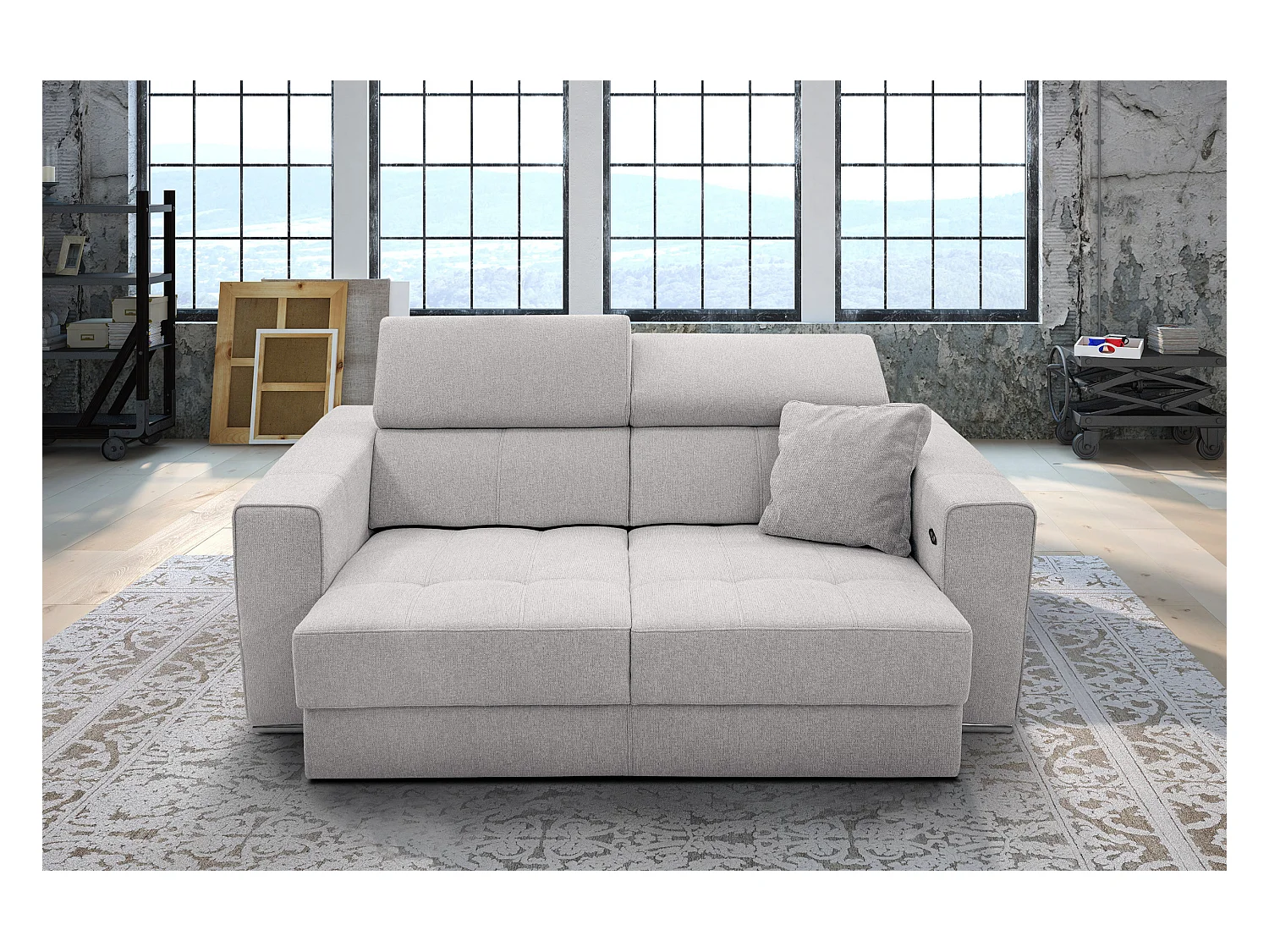 Canapé 3 places avec siège extensible et appuis-tête réglables, tissu crème - QUARTZ