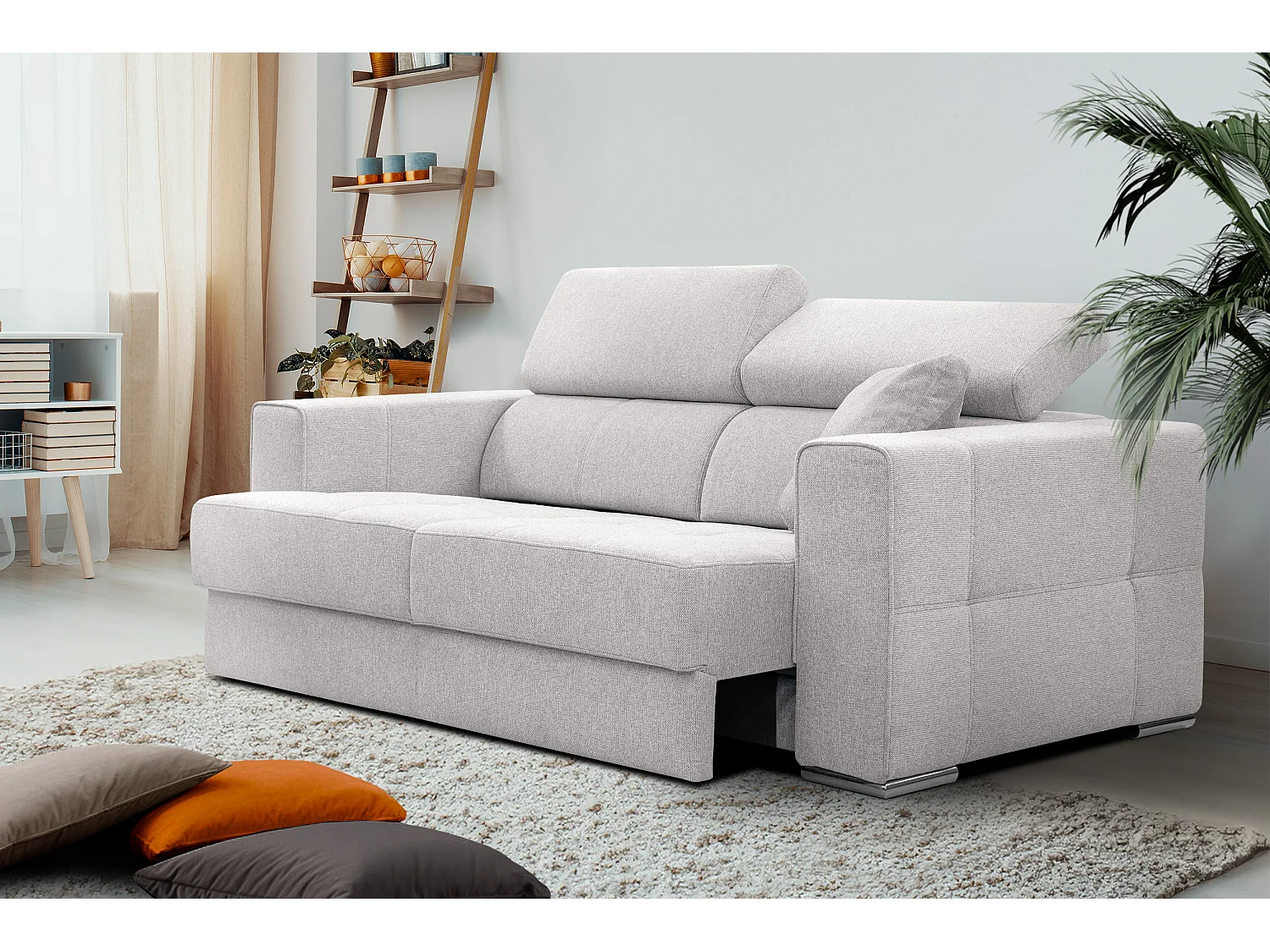 Canapé 3 places avec siège extensible et appuis-tête réglables, tissu crème - QUARTZ