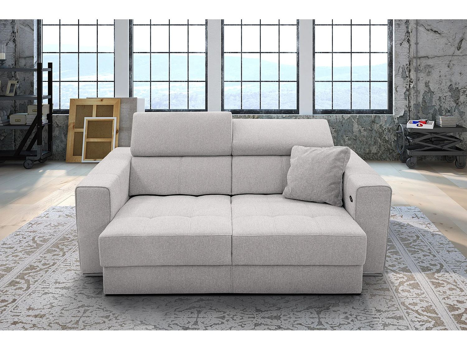 Canapé 3 places avec siège extensible et appuis-tête réglables, tissu crème - QUARTZ