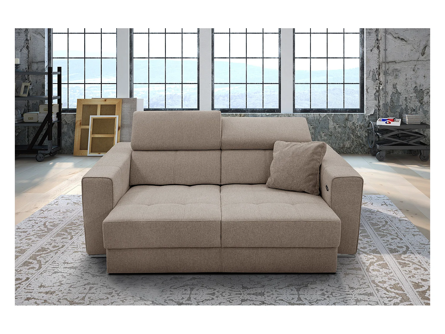 QUARTZ Sofa 3-Sitzer mit Ausziehsitz und verstellbare Kopfstützen, taupe