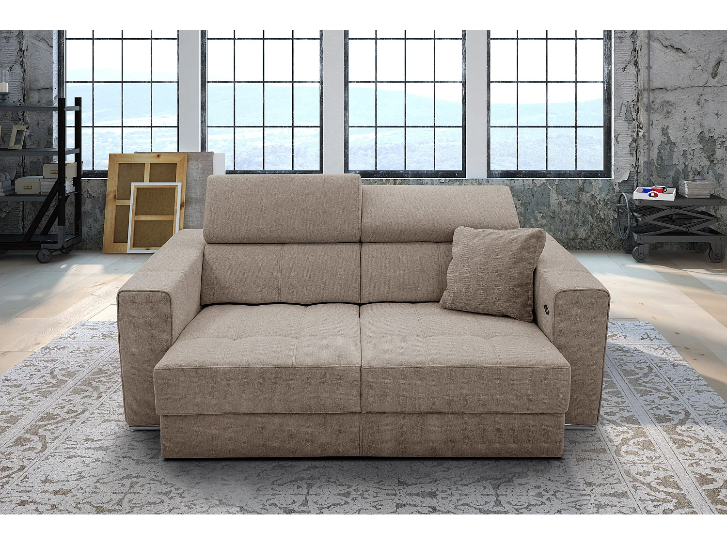 QUARTZ Sofa 3-Sitzer mit Ausziehsitz und verstellbare Kopfstützen, taupe