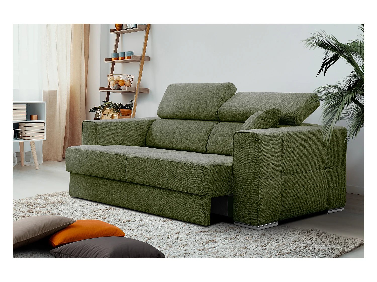 Canapé 3 places avec siège extensible et appuis-tête réglables, tissu olive - QUARTZ