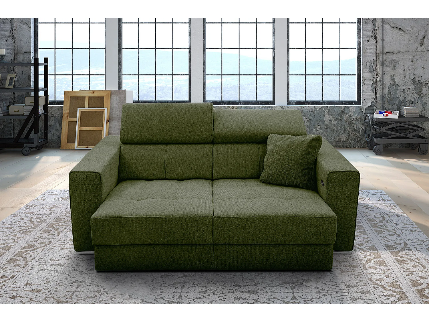 Canapé 3 places avec siège extensible et appuis-tête réglables, tissu olive - QUARTZ