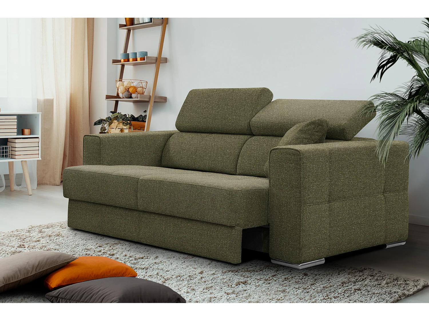 Canapé 3 places avec siège extensible et appuis-tête réglables, tissu olive - QUARTZ