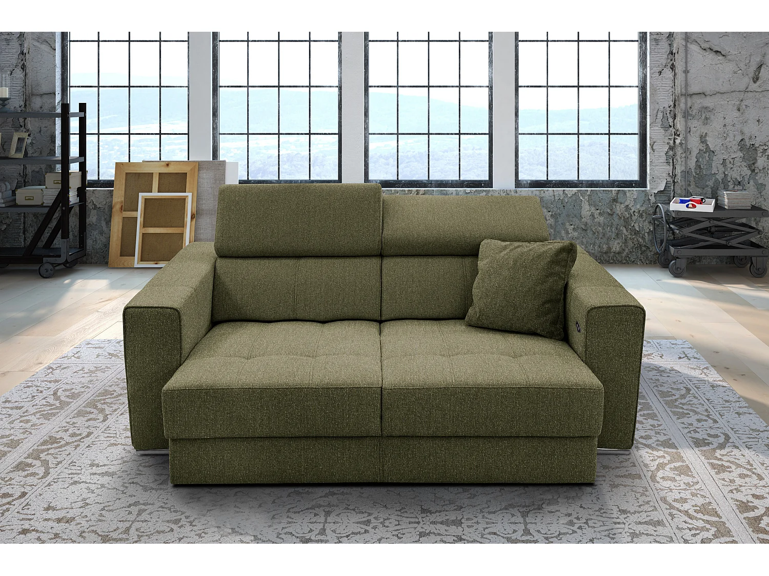 Canapé 3 places avec siège extensible et appuis-tête réglables, tissu olive - QUARTZ