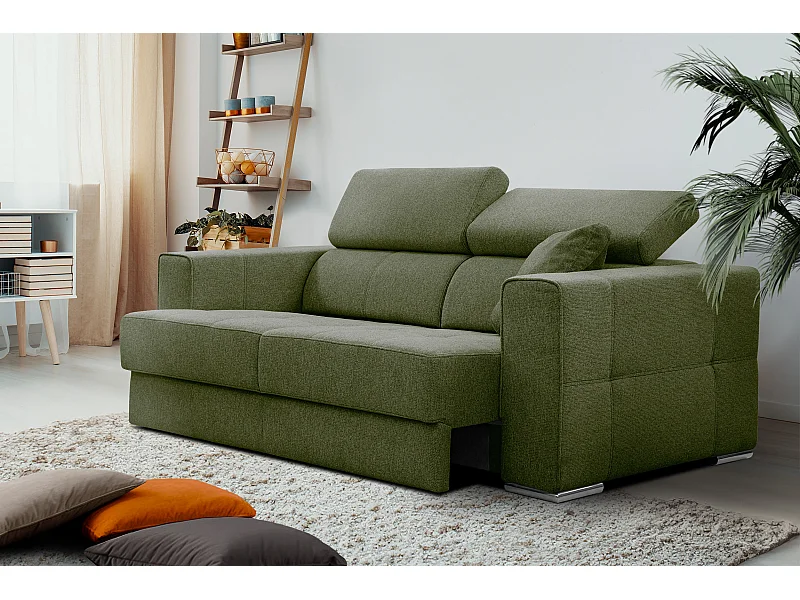QUARTZ Sofa 3-Sitzer mit Ausziehsitz und verstellbare Kopfstützen, olive