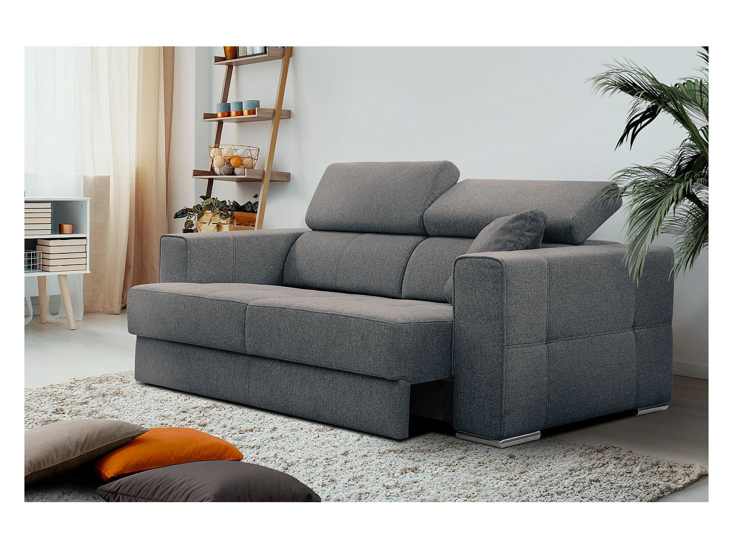 QUARTZ Sofa 3-Sitzer mit Ausziehsitz und verstellbare Kopfstützen, dunkelgrau