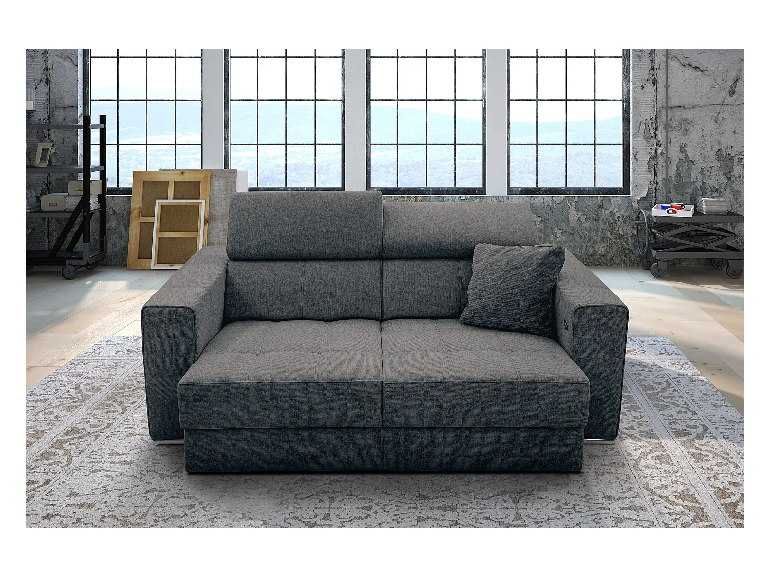 QUARTZ Sofa 3-Sitzer mit Ausziehsitz und verstellbare Kopfstützen, dunkelgrau