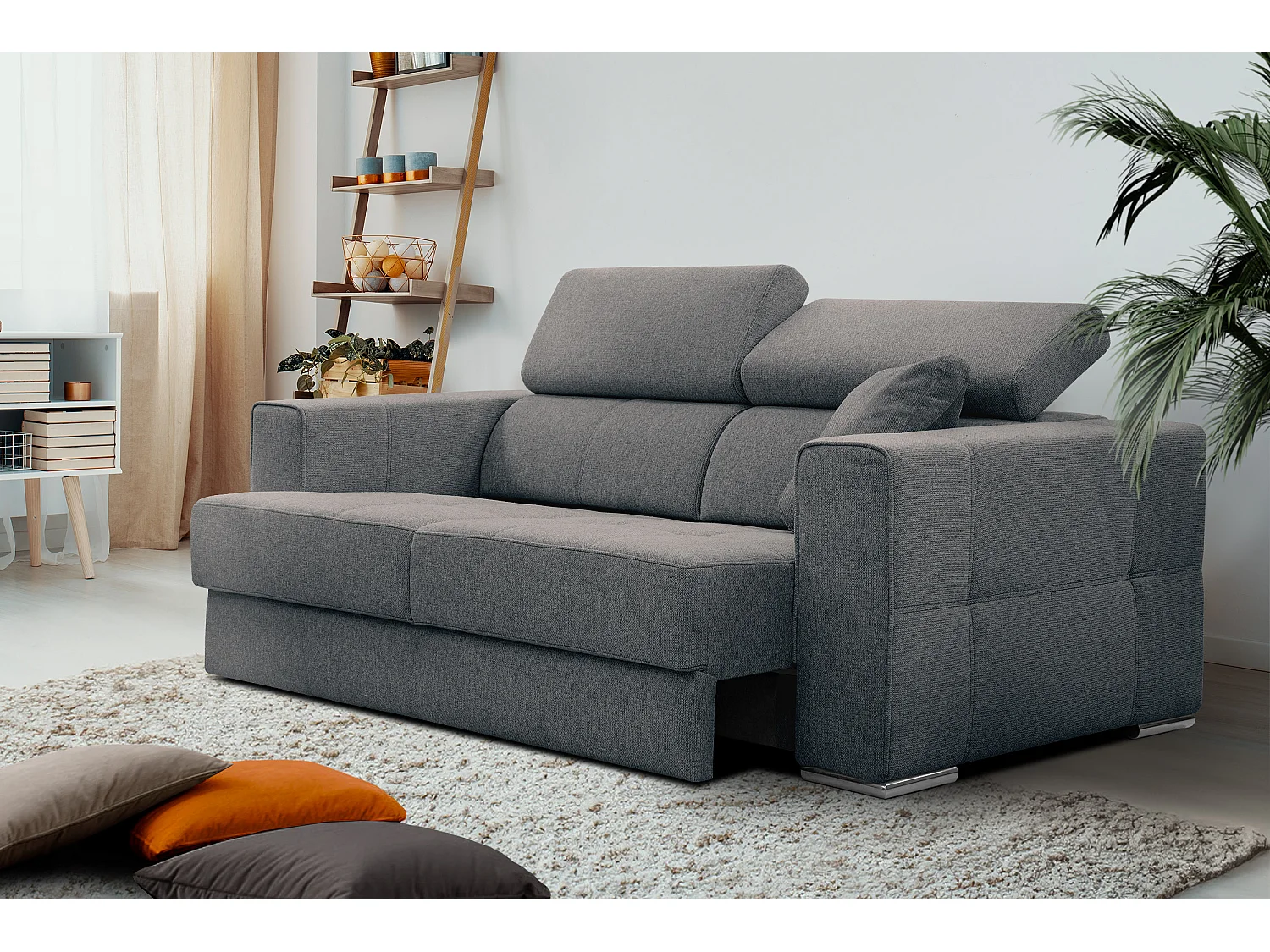 Canapé 3 places avec siège extensible et appuis-tête réglables, tissu gris foncé - QUARTZ