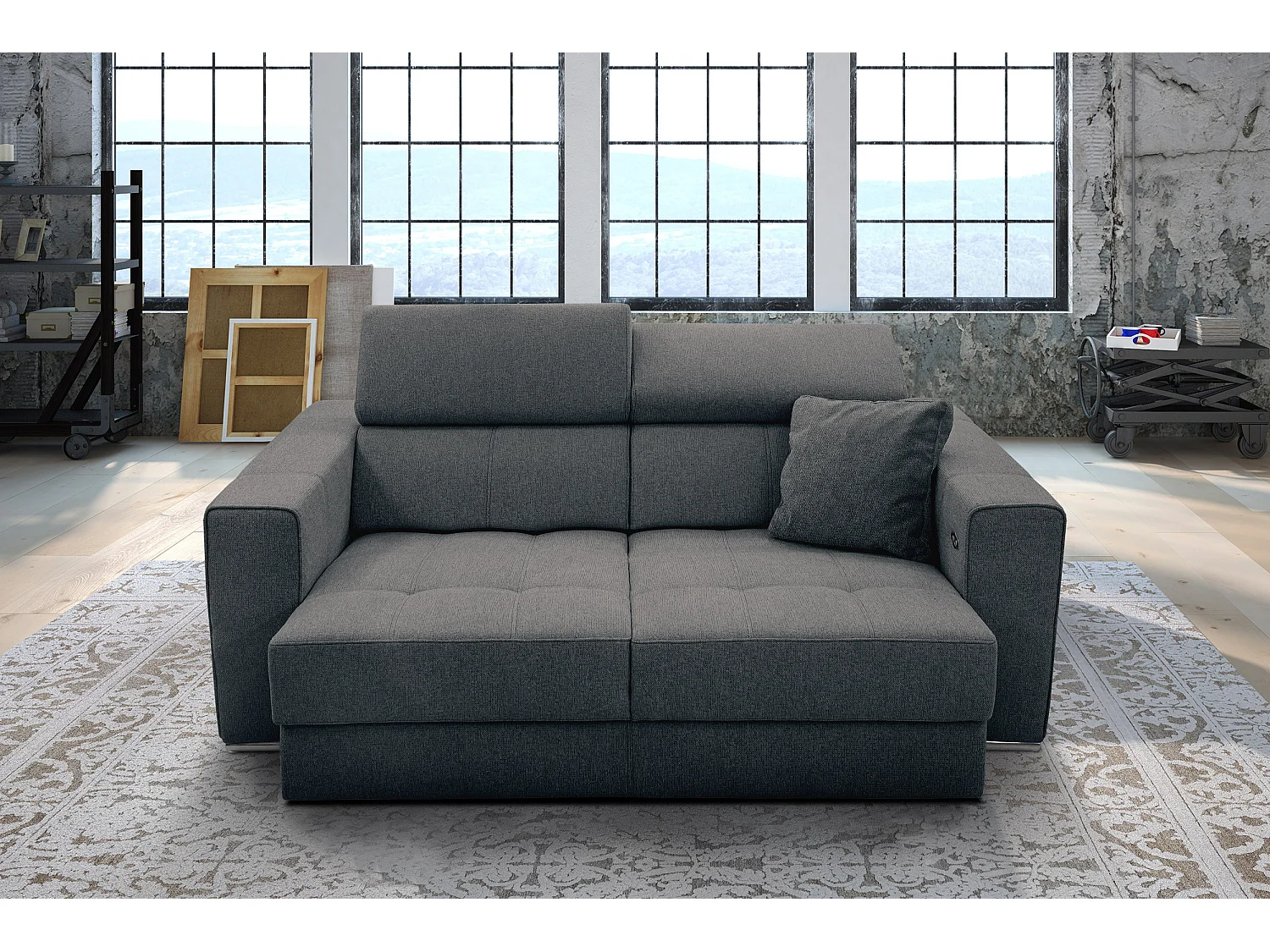 Canapé 3 places avec siège extensible et appuis-tête réglables, tissu gris foncé - QUARTZ