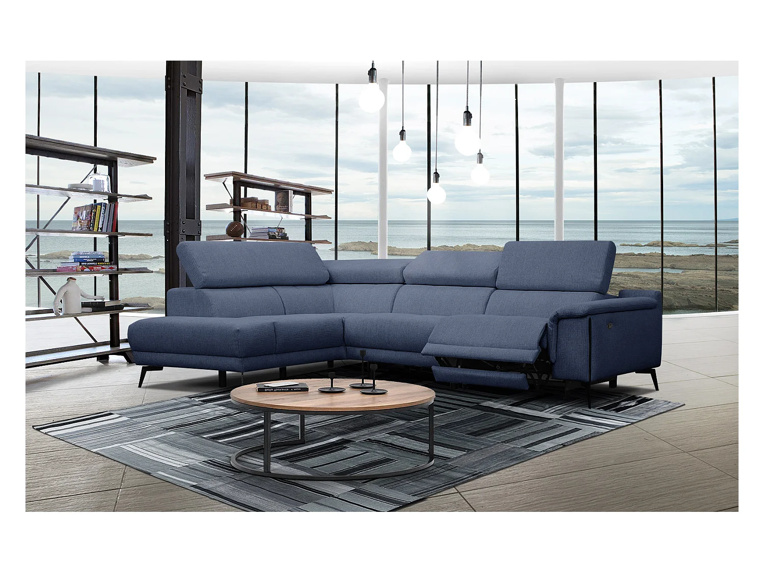 Canapé d'angle gauche 4 places avec un relax électrique tissu bleu foncé - Matera