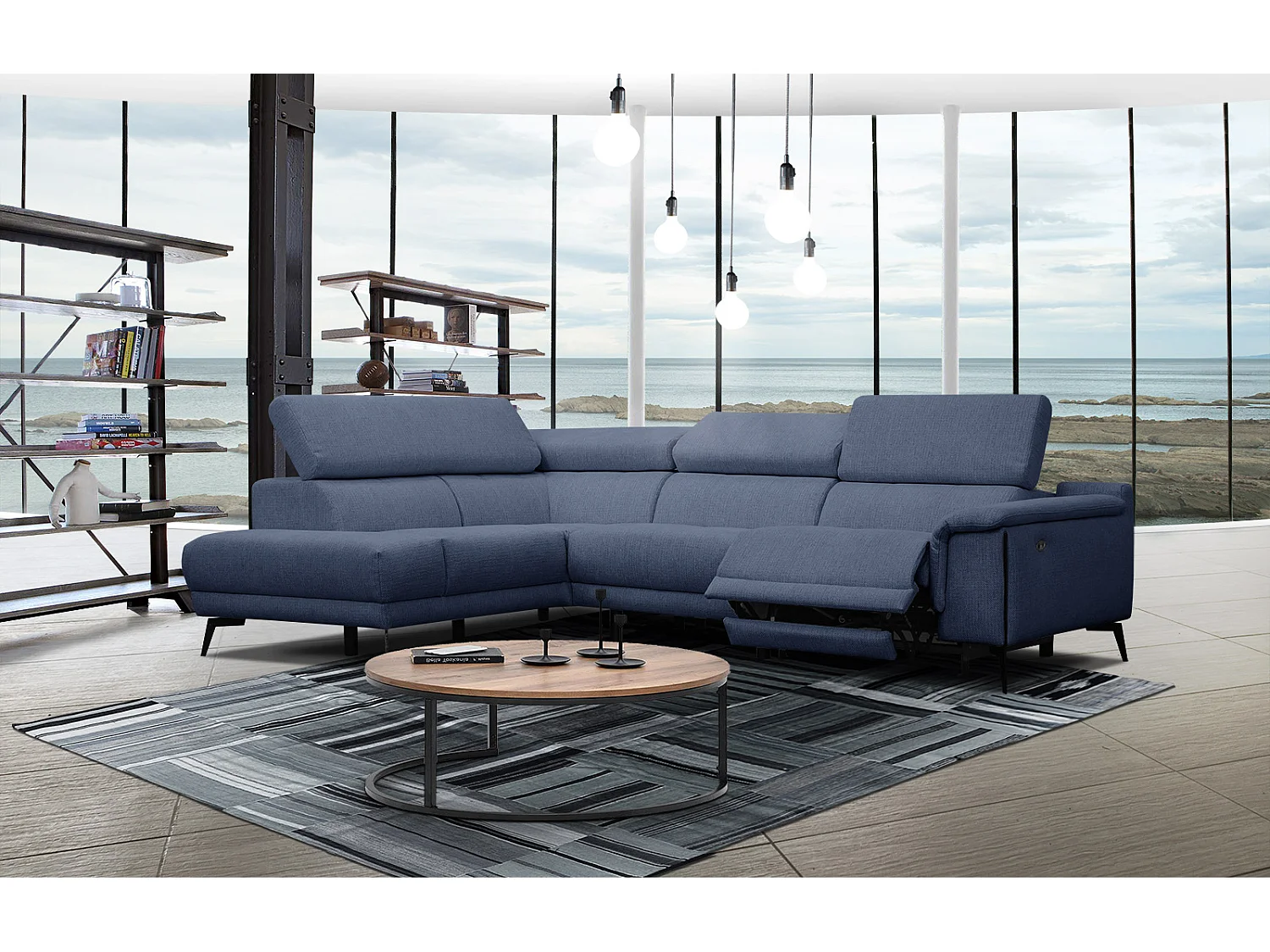 Canapé d'angle gauche 4 places avec un relax électrique tissu bleu foncé - Matera