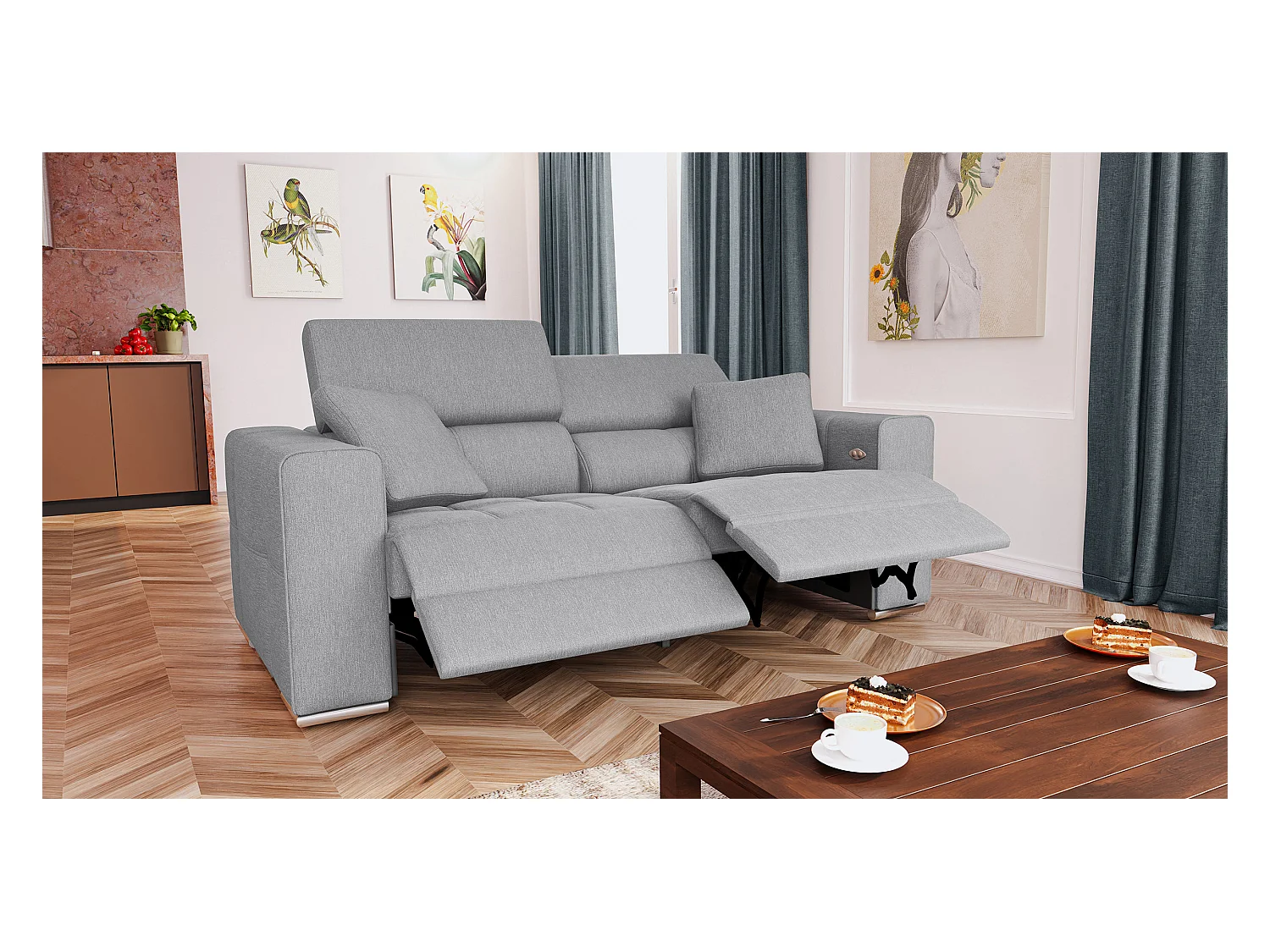 Canapé 3 places avec 2 relax électriques tissu gris clair - QUARTZ