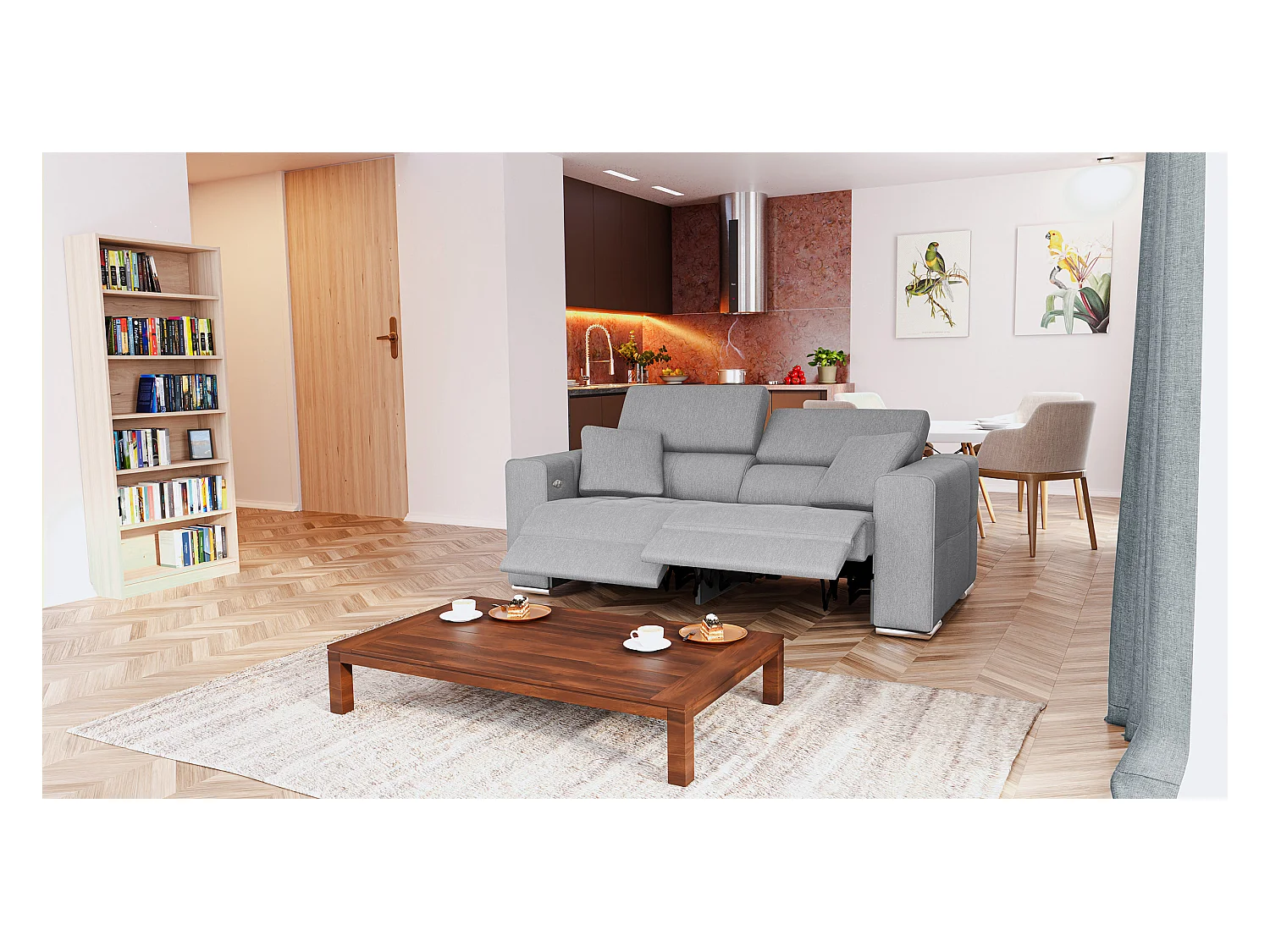 QUARTZ Sofa 3-Sitzer mit 2 Relaxfunktionen und verstellbare Kopfstützen, hellgrau