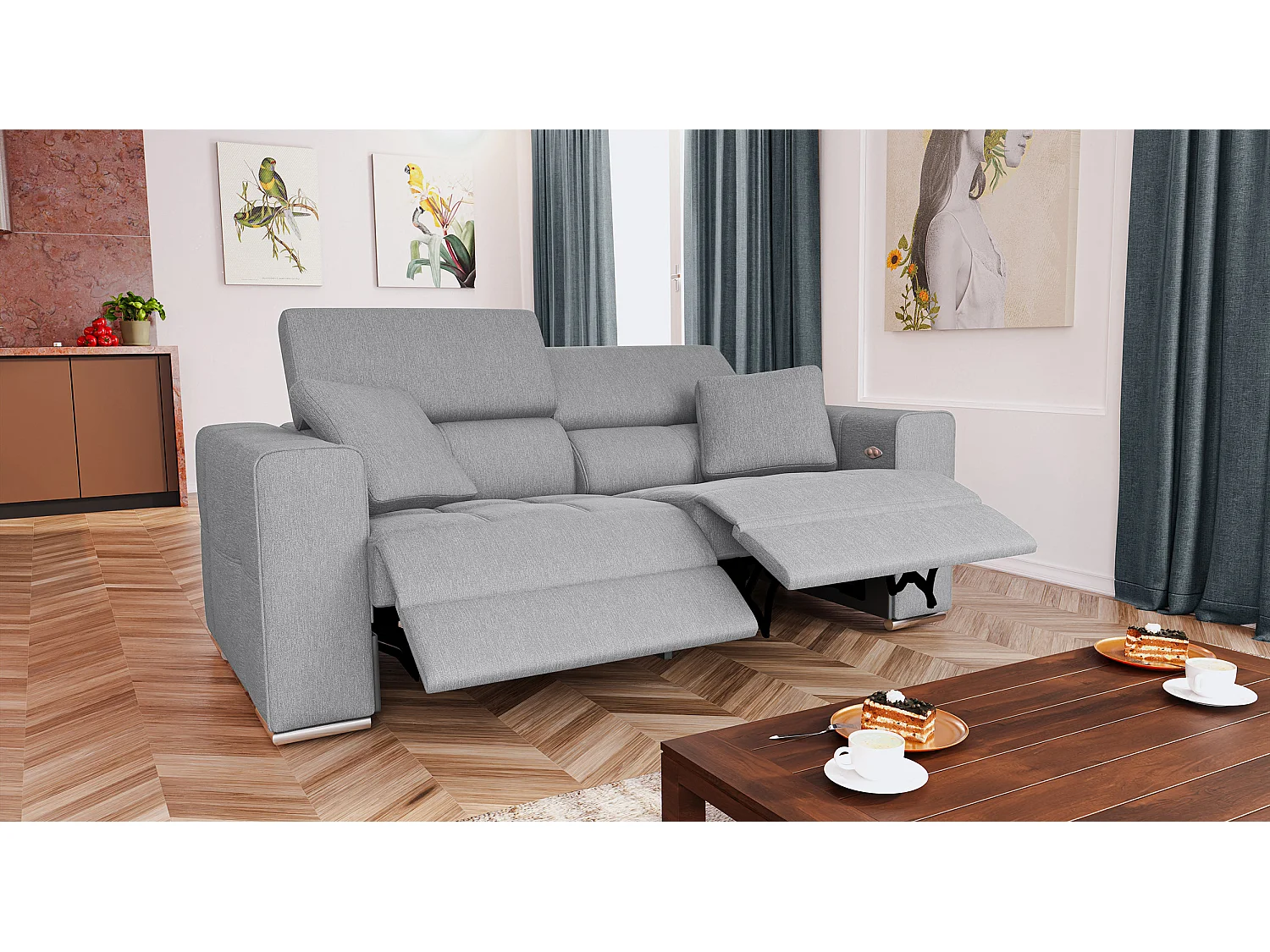 QUARTZ Sofa 3-Sitzer mit 2 Relaxfunktionen und verstellbare Kopfstützen, hellgrau