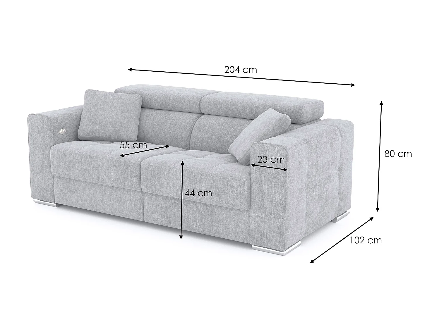 QUARTZ Sofa 3-Sitzer mit 2 Relaxfunktionen und verstellbare Kopfstützen, hellgrau