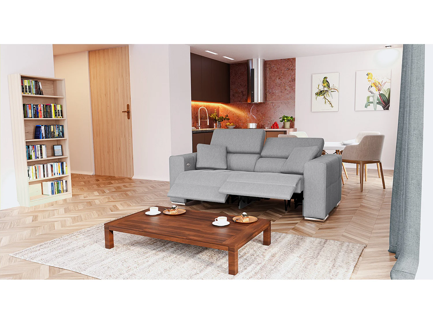 QUARTZ Sofa 3-Sitzer mit 2 Relaxfunktionen und verstellbare Kopfstützen, hellgrau