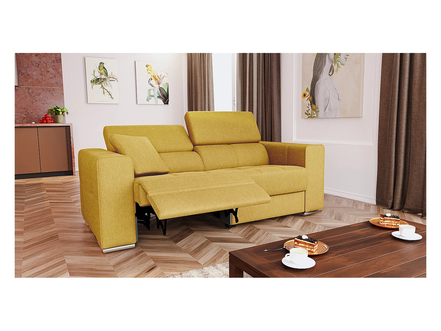 QUARTZ Sofa 3-Sitzer mit 1 Relaxfunktion und verstellbare Kopfstützen, senfgelb