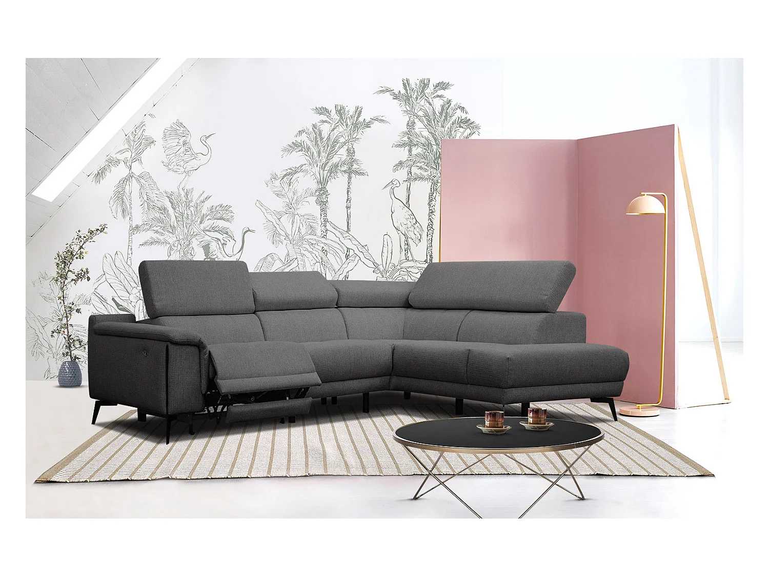 Canapé d'angle droit 4 places avec un relax électrique tissu gris foncé - Matera