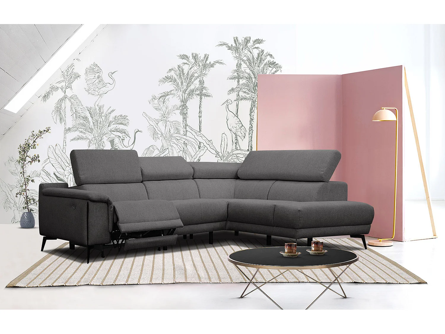 Canapé d'angle droit 4 places avec un relax électrique tissu gris foncé - Matera