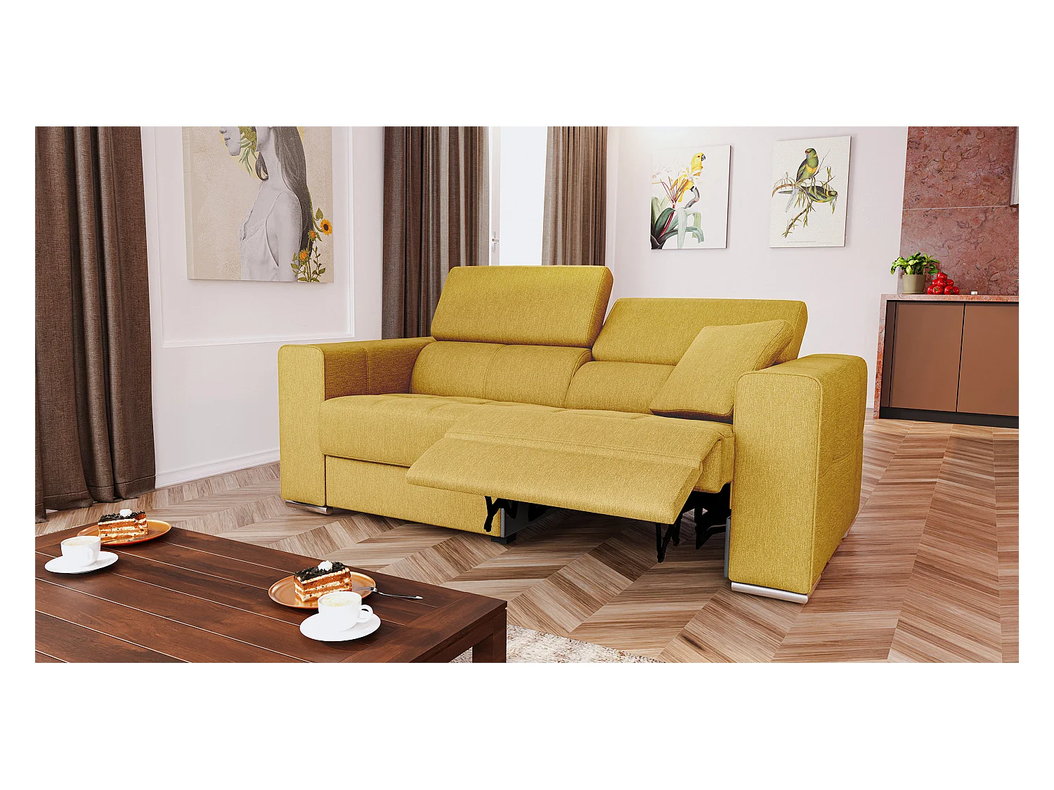 QUARTZ Sofa 3-Sitzer mit 1 Relaxfunktion und verstellbare Kopfstützen, senfgelb