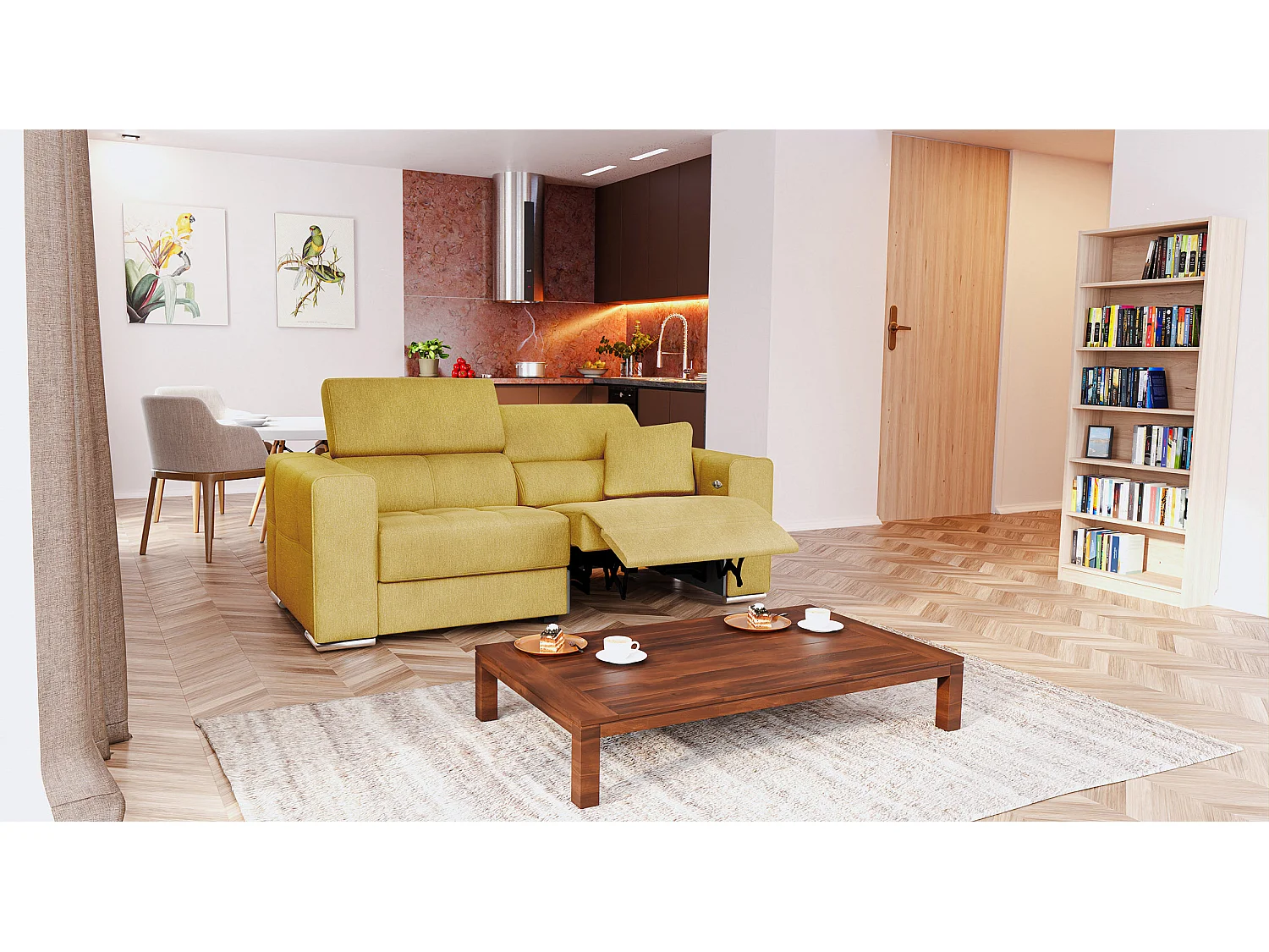 QUARTZ Sofa 3-Sitzer mit 1 Relaxfunktion und verstellbare Kopfstützen, senfgelb