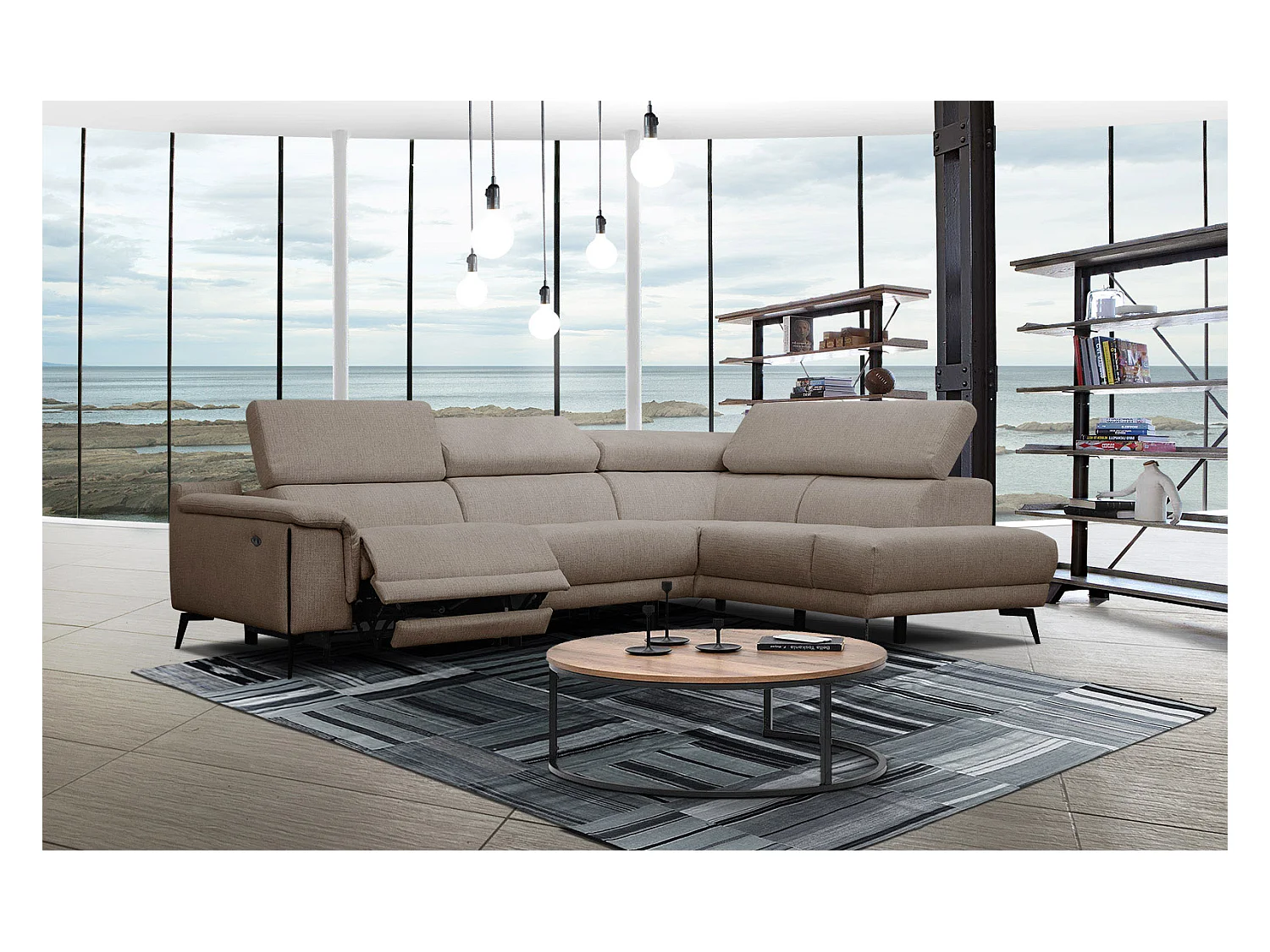 Canapé d'angle droit 4 places avec un relax électrique tissu marron clair - Matera