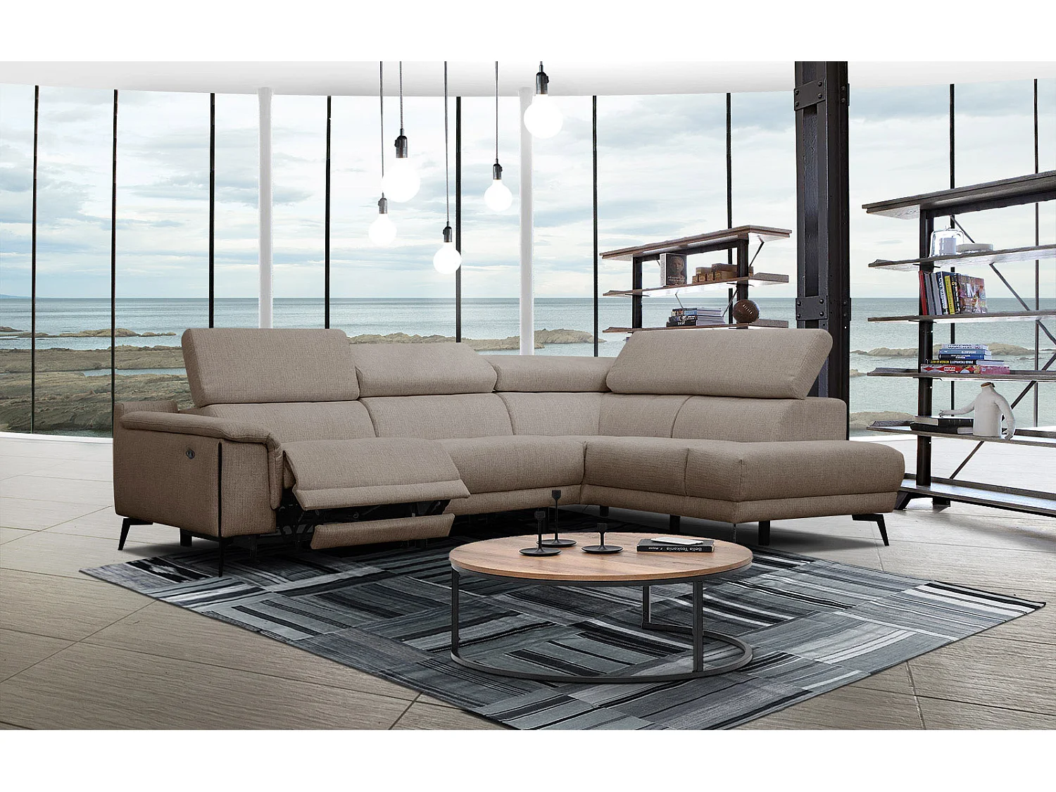 Canapé d'angle droit 4 places avec un relax électrique tissu marron clair - Matera