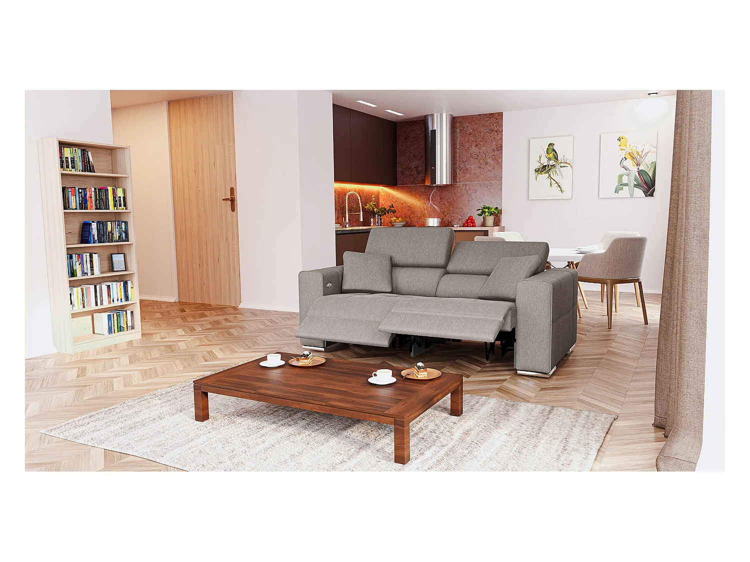 QUARTZ Sofa 3-Sitzer mit 2 Relaxfunktionen und verstellbare Kopfstützen, beige