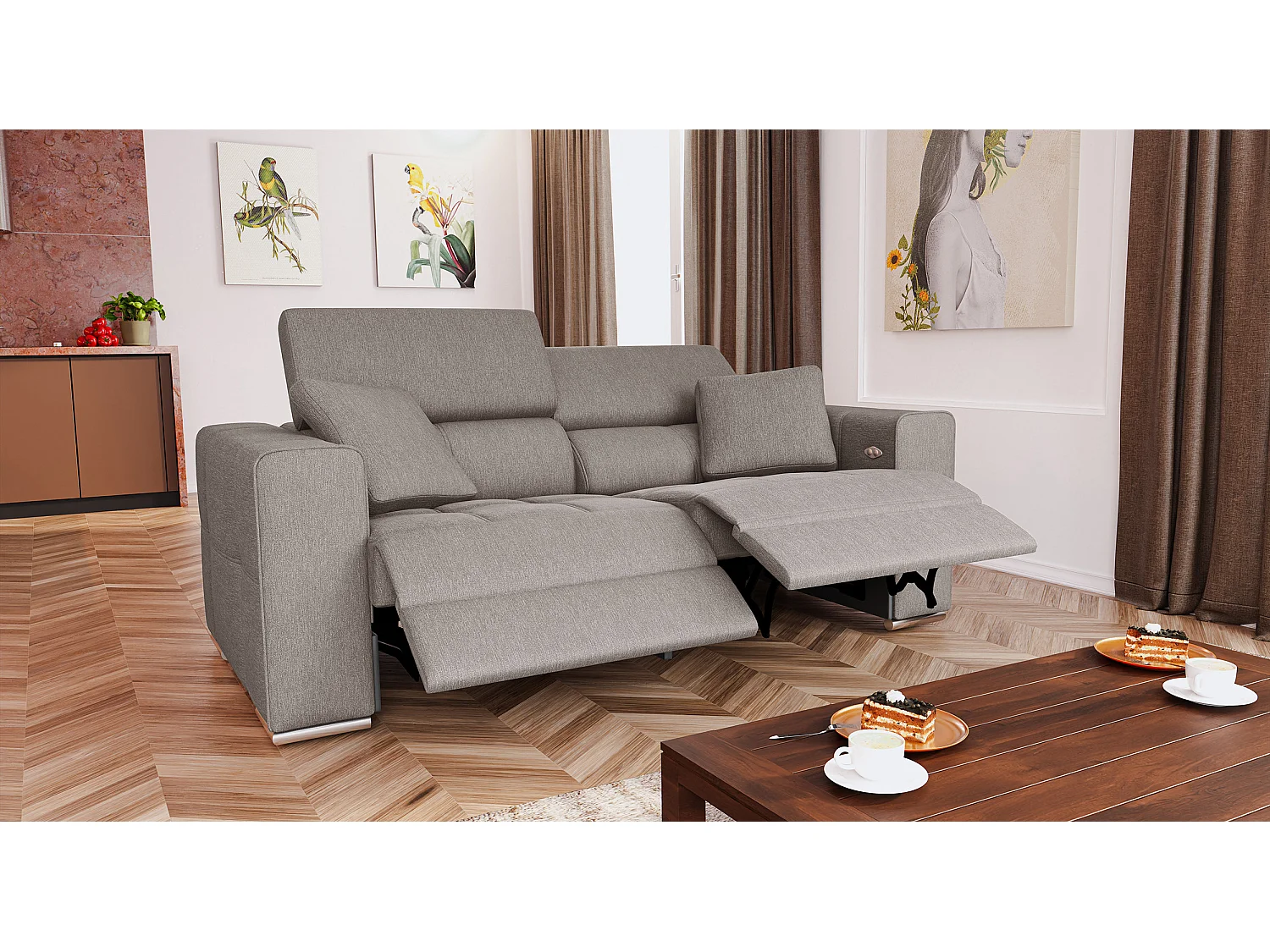 QUARTZ Sofa 3-Sitzer mit 2 Relaxfunktionen und verstellbare Kopfstützen, beige