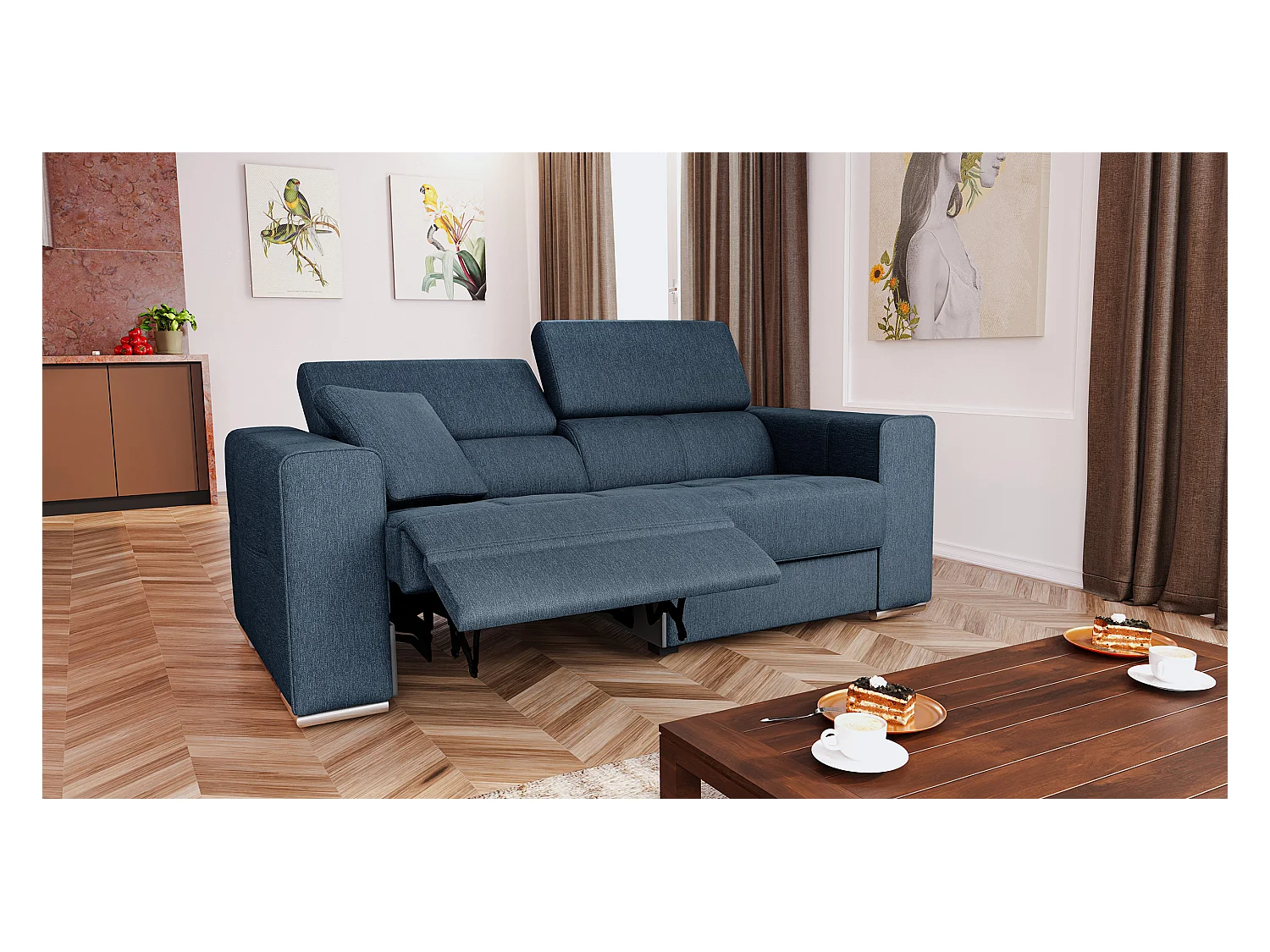 QUARTZ Sofa 3-Sitzer mit 1 Relaxfunktion und verstellbare Kopfstützen, blau