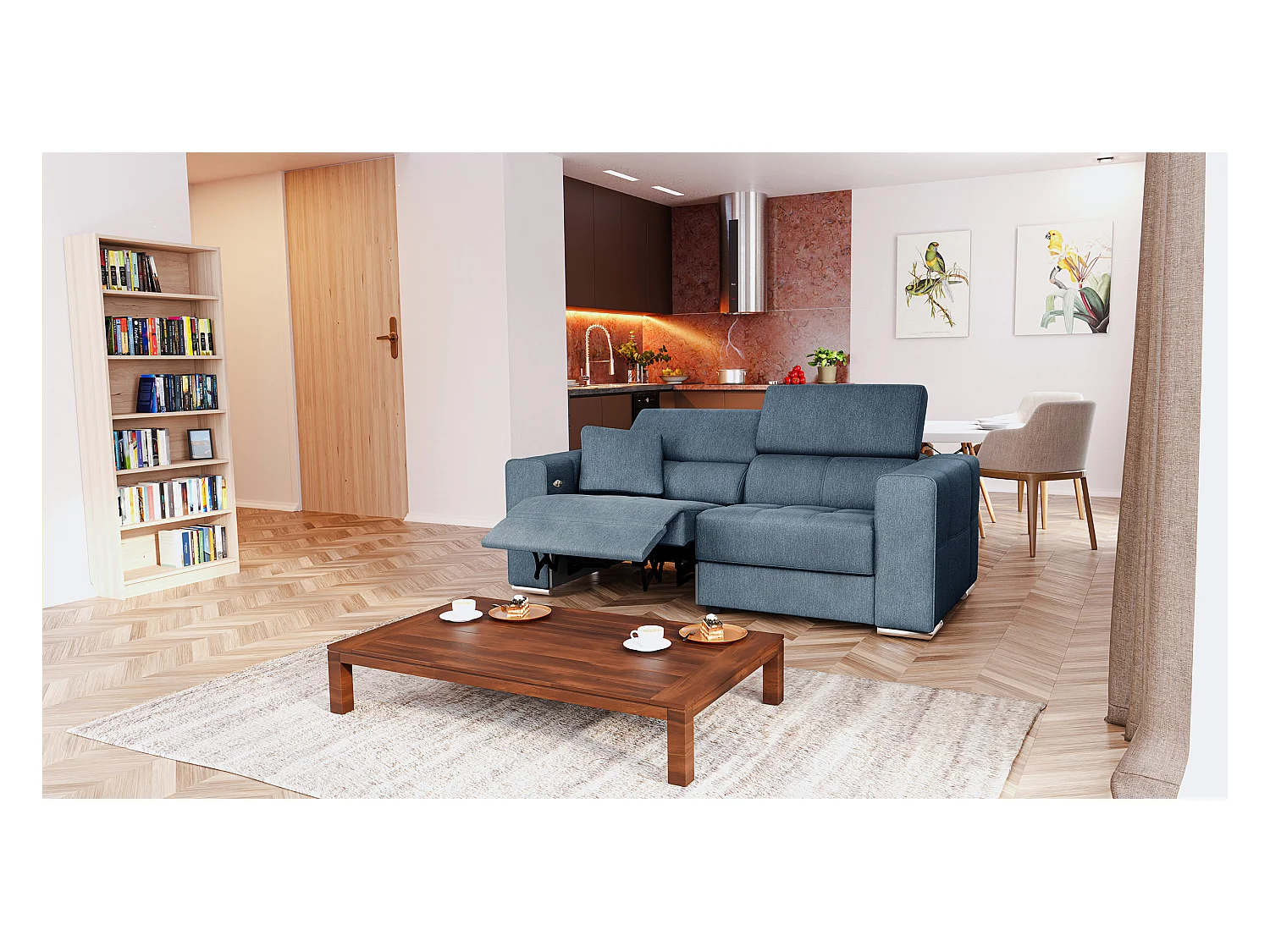 QUARTZ Sofa 3-Sitzer mit 1 Relaxfunktion und verstellbare Kopfstützen, blau