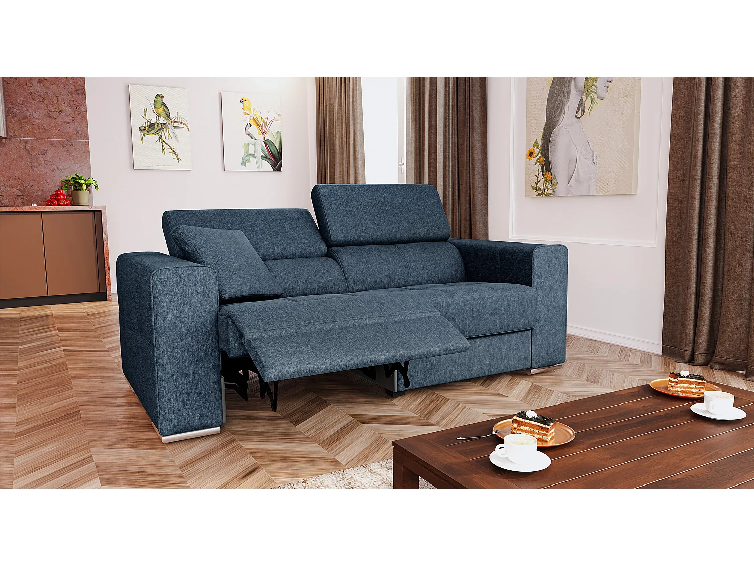 Canapé 3 places avec 1 relax électrique tissu bleu - QUARTZ