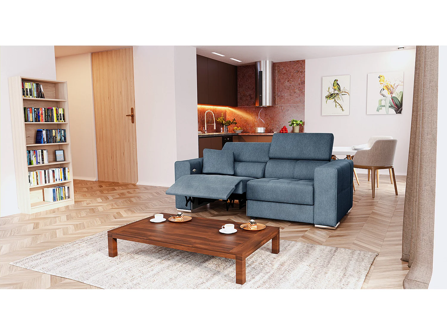 Canapé 3 places avec 1 relax électrique tissu bleu - QUARTZ