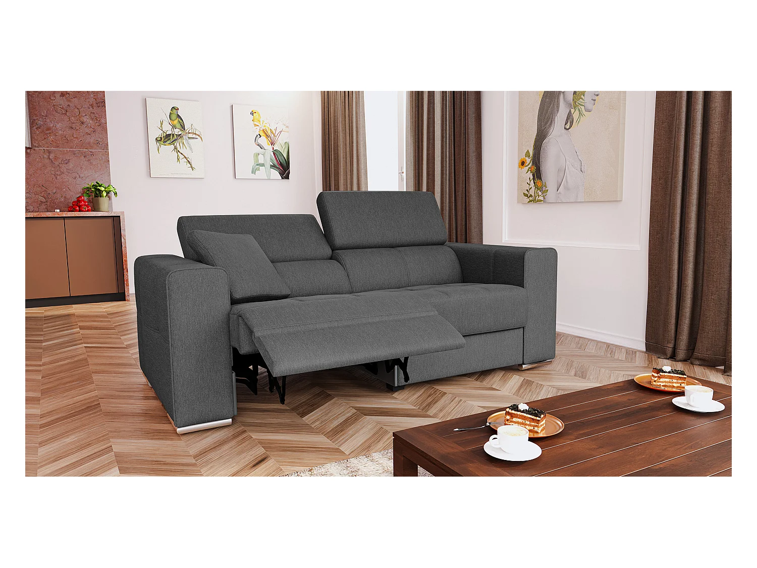 Canapé 3 places avec 1 relax électrique tissu gris foncé - QUARTZ