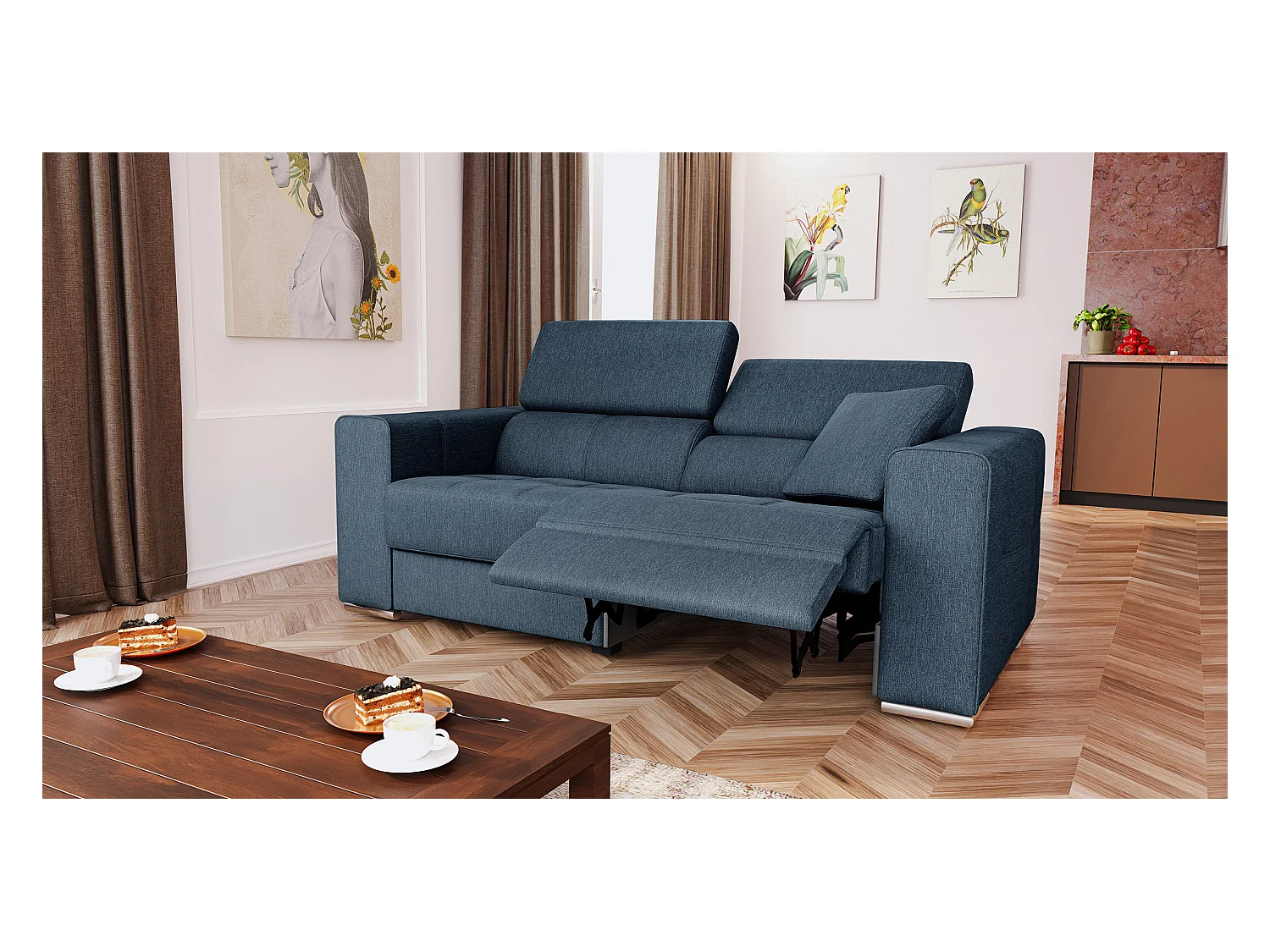 QUARTZ Sofa 3-Sitzer mit 1 Relaxfunktion und verstellbare Kopfstützen, blau