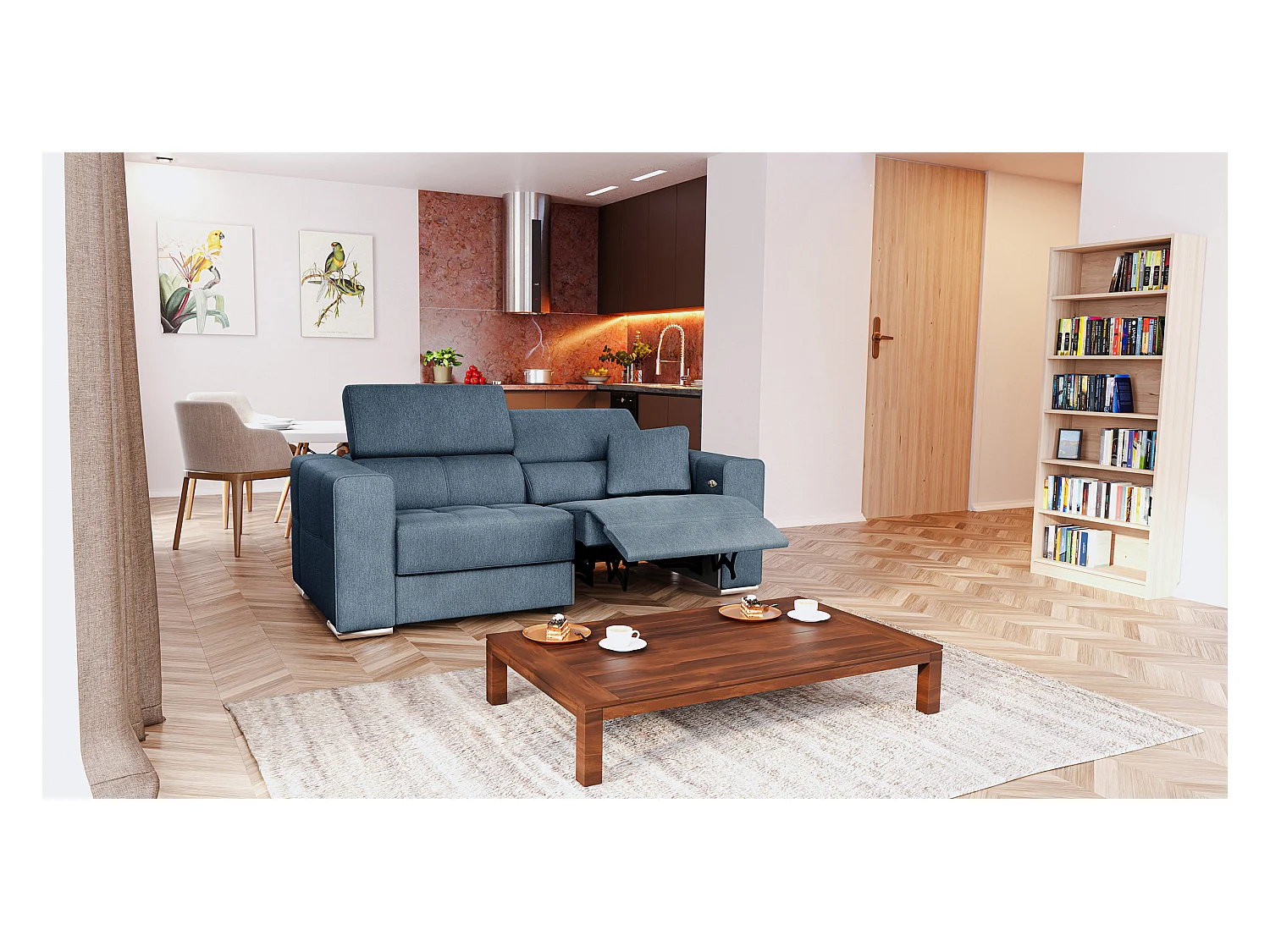 QUARTZ Sofa 3-Sitzer mit 1 Relaxfunktion und verstellbare Kopfstützen, blau