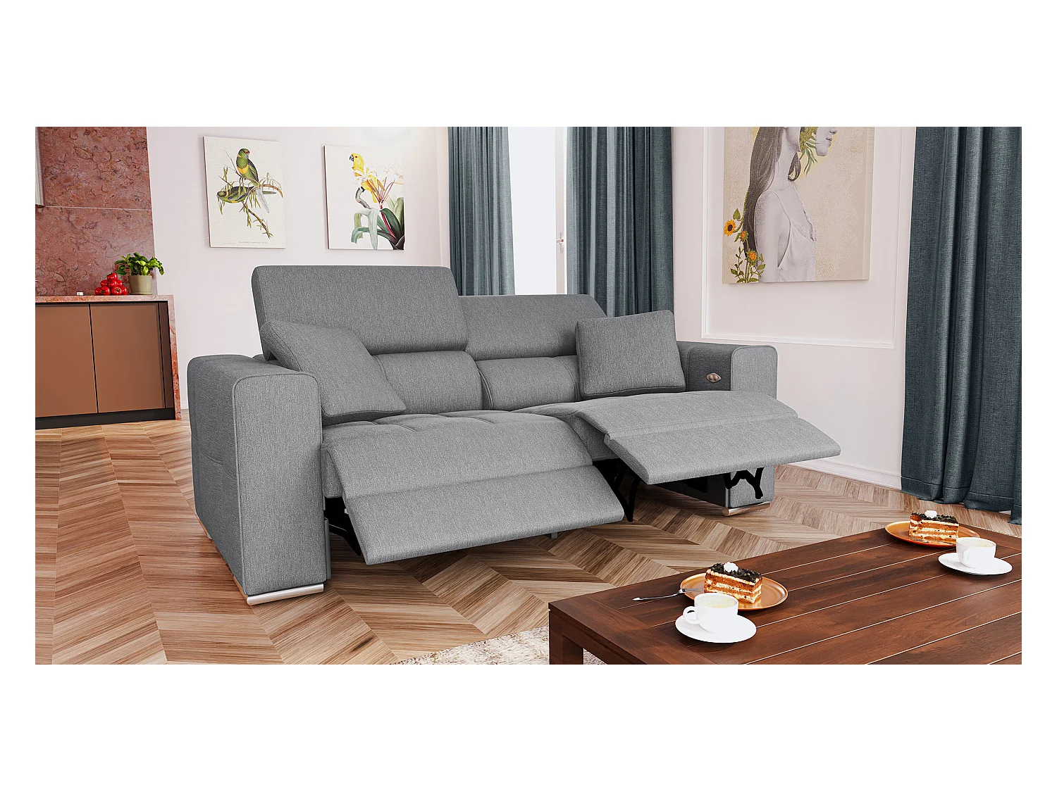 QUARTZ Sofa 3-Sitzer mit 2 Relaxfunktionen und verstellbare Kopfstützen, grau