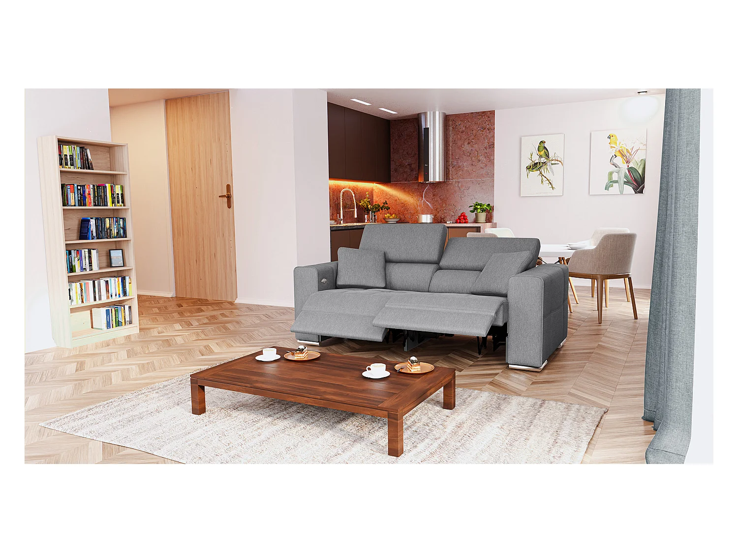 QUARTZ Sofa 3-Sitzer mit 2 Relaxfunktionen und verstellbare Kopfstützen, grau