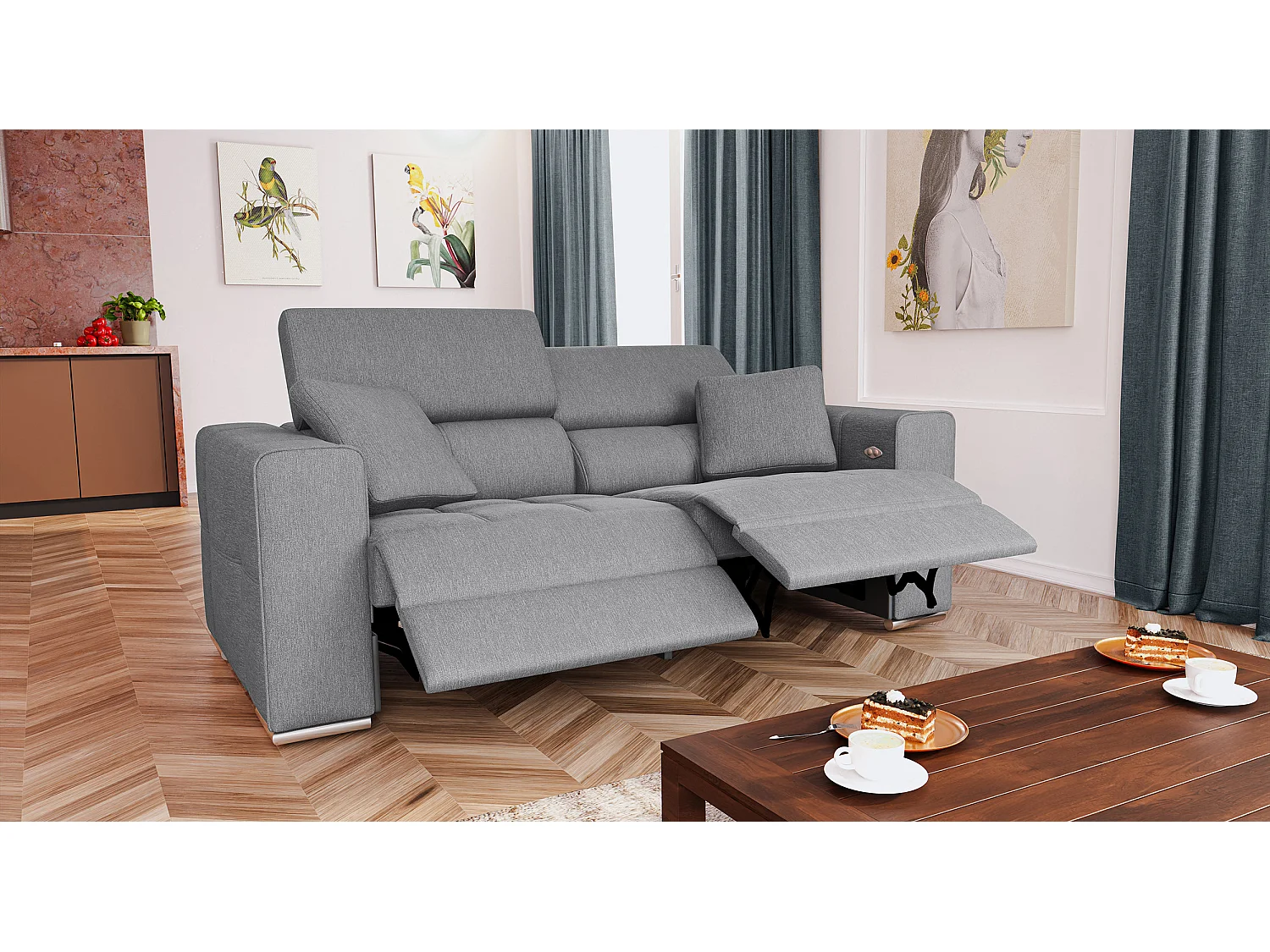 QUARTZ Sofa 3-Sitzer mit 2 Relaxfunktionen und verstellbare Kopfstützen, grau