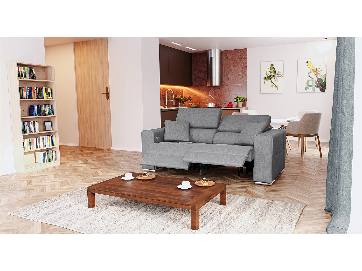 QUARTZ Sofa 3-Sitzer mit 2 Relaxfunktionen und verstellbare Kopfstützen, grau